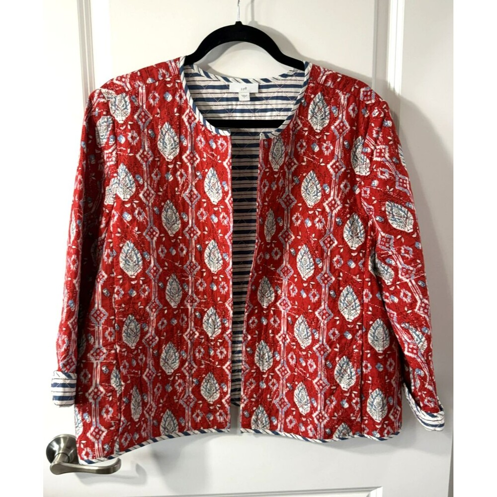 J. Jill Red and Blue Quilted Summer Jacket L light weight boho cottage core